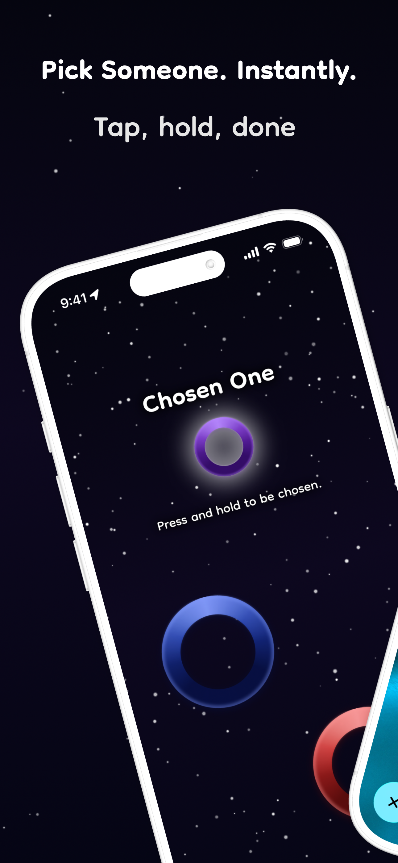 Chosen One app showing the main screen with a purple ring ready for finger selection