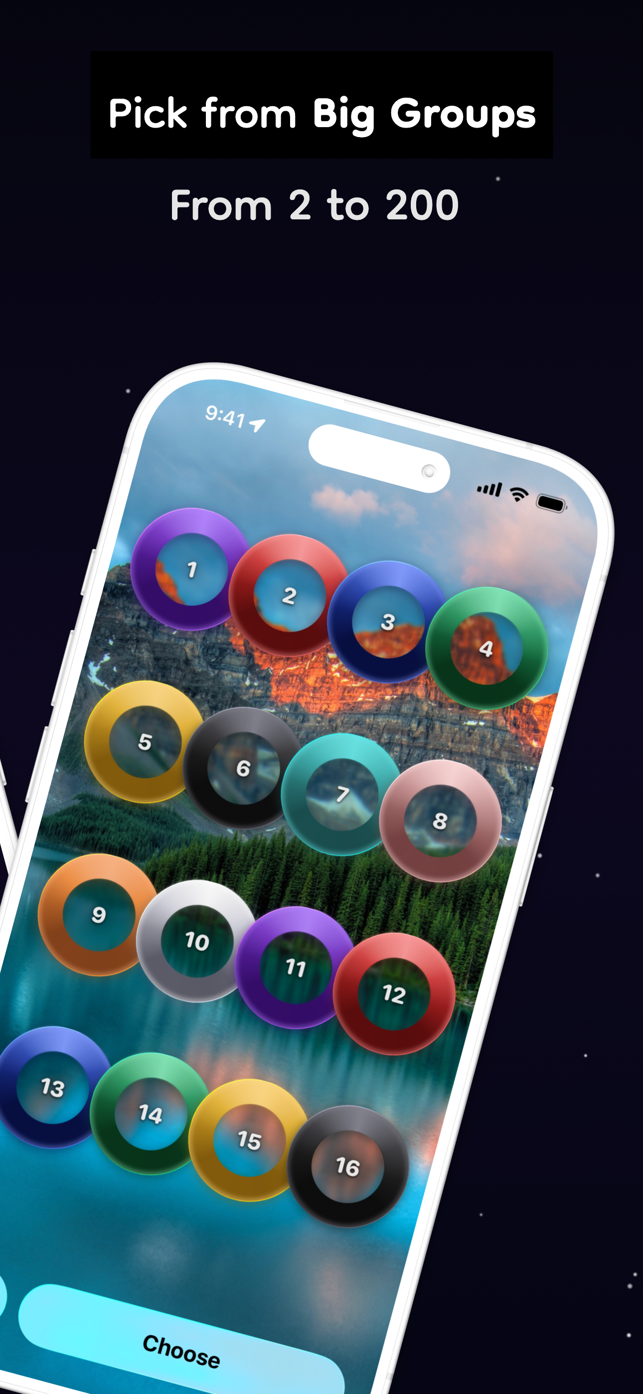 16 players with colorful rings on a mountain landscape background