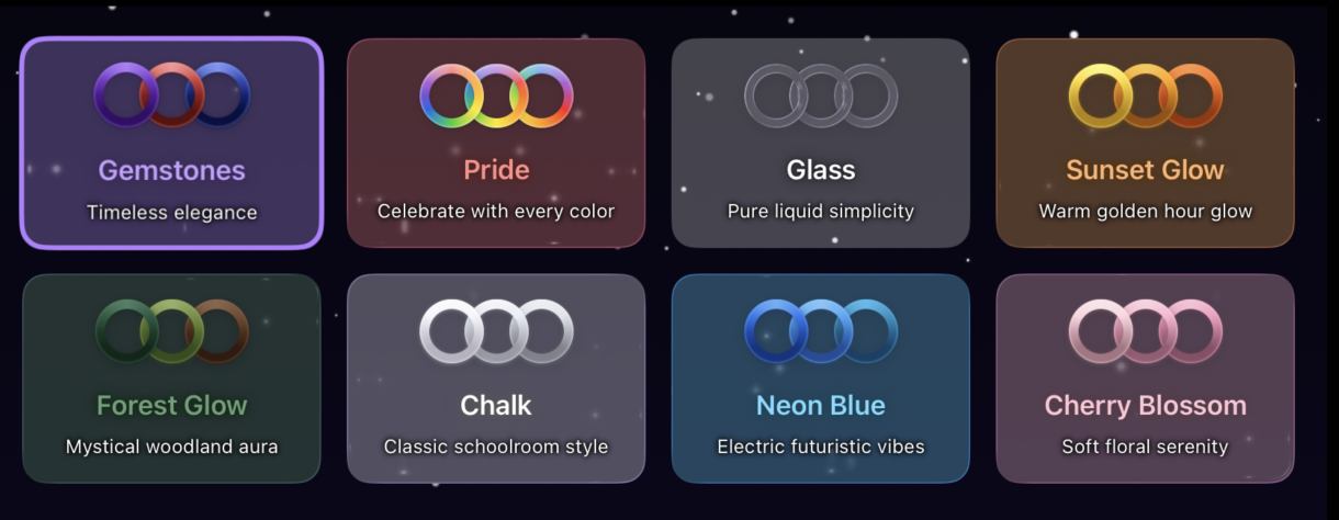 Grid showing 8 ring themes: Gemstones, Pride, Glass, Sunset Glow, Forest Glow, Chalk, Neon Blue, and Cherry Blossom